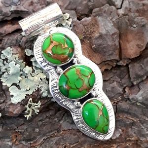 Green Pea Pod Copper Turquoise Silver Pendant